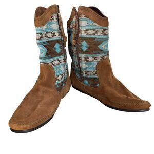 Minnetonka Baja Suede Boots Women's Size 11 Aztec Western Brown Flat Slouch